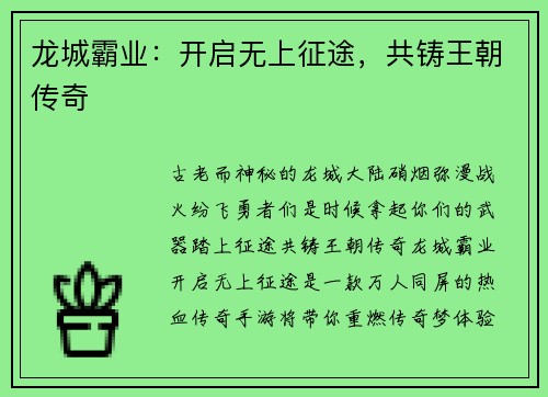龙城霸业：开启无上征途，共铸王朝传奇